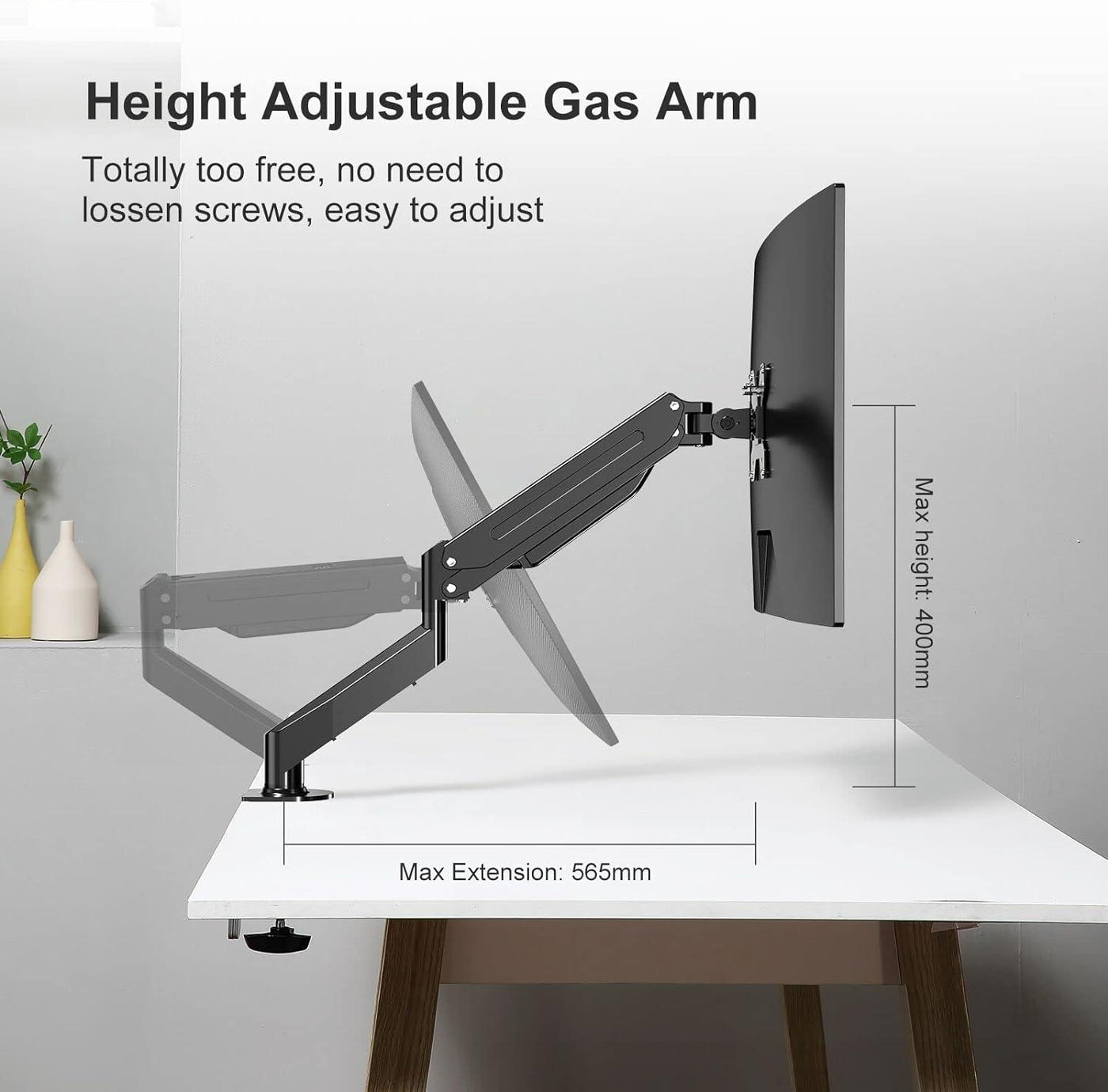 Suptek Single Monitor Arm - Gas Spring Desk Mount, 17-27in Monitors, 6kg Capacity