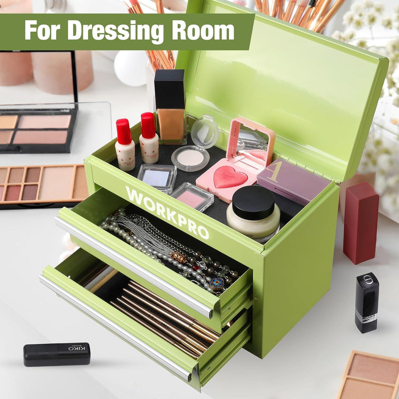 WORKPRO 2-Drawer Mini Tool Box - Metal Chest with Top Storage, Macaron Green