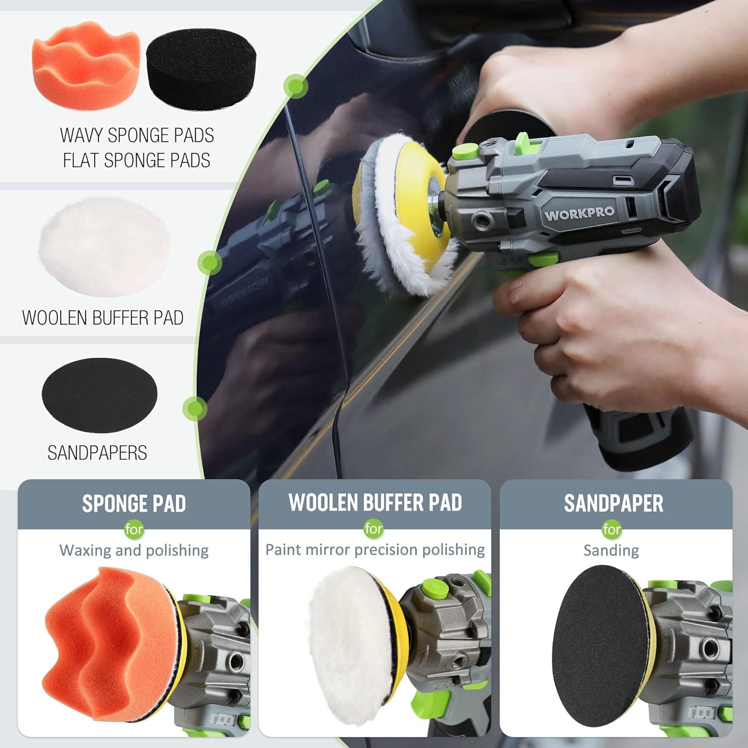 WORKPRO 12V Cordless Buffer Polisher Kit, 2 Batteries, Variable Speed