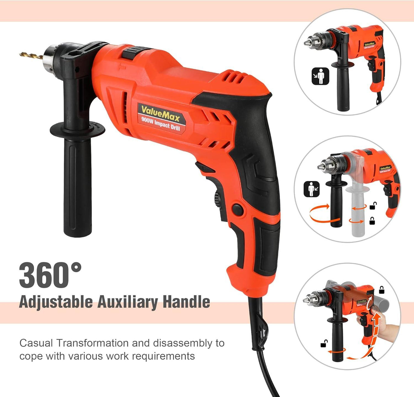 ValueMax 900W Electric Drill, Variable Speed Orange