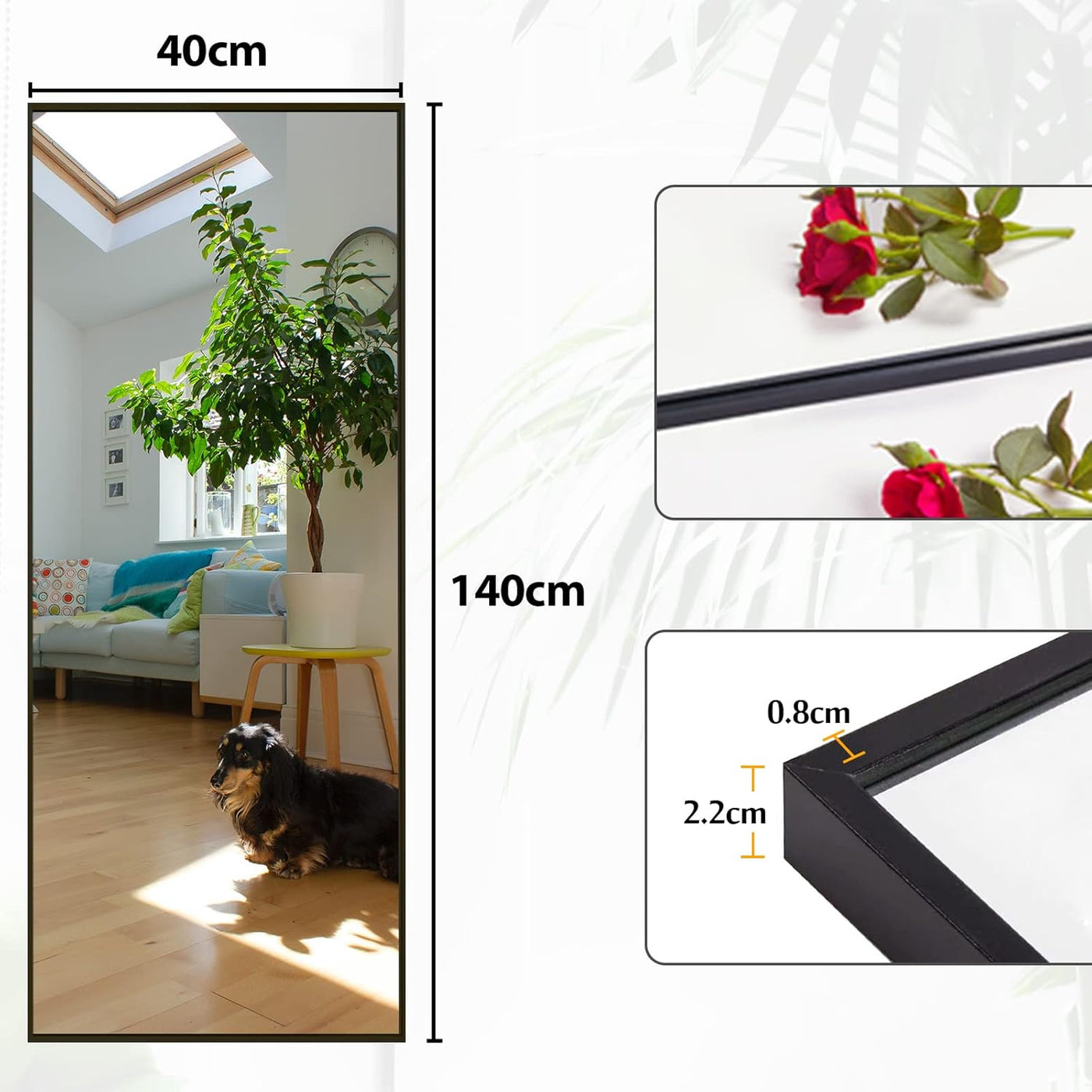 Beauty4U 140x40cm Full Length Mirror, Black Frame, Floor/Wall/Lean for Bedroom