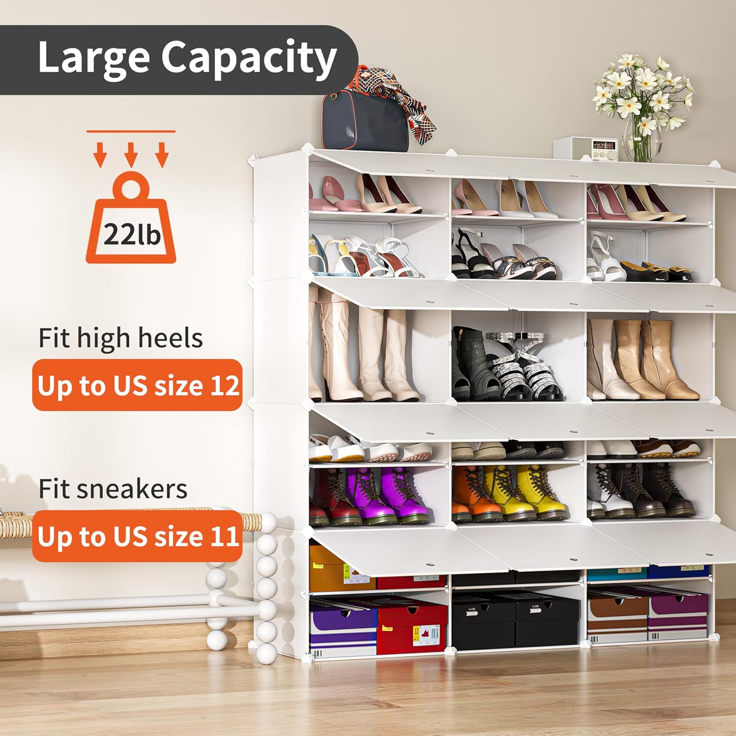 JOISCOPE 2x8 Tier Modular Shoe Storage Cabinet, Space-Saving Organizer, Milky