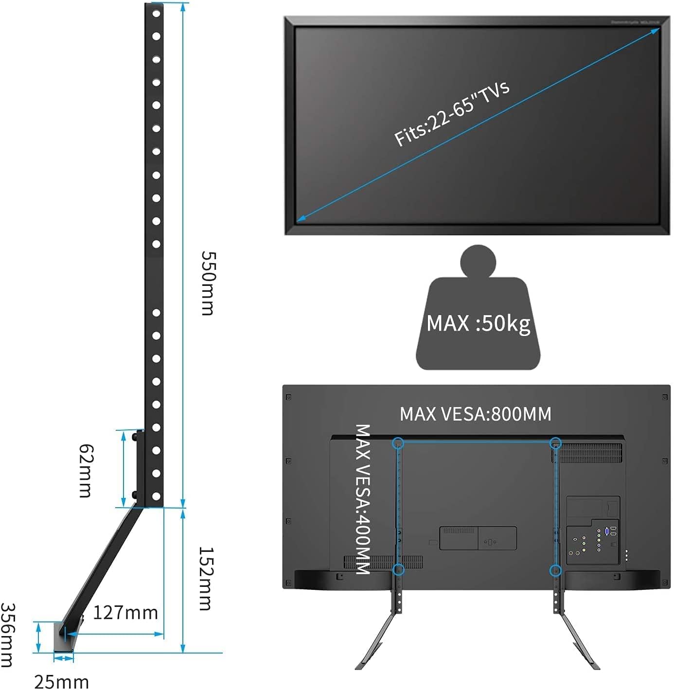 Suptek Universal TV Stand, Adjustable Legs for 22-65in TVs, VESA 800x400mm, 50kg