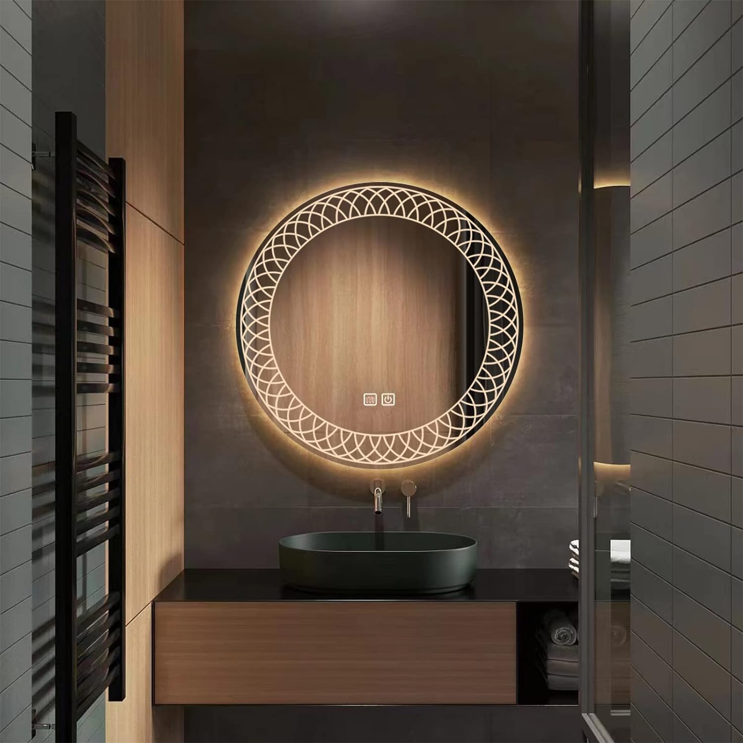 YOSHOOT 50cm Round LED Bathroom Mirror, Dimmable, Anti-Fog, Wall-Mounted, IP44