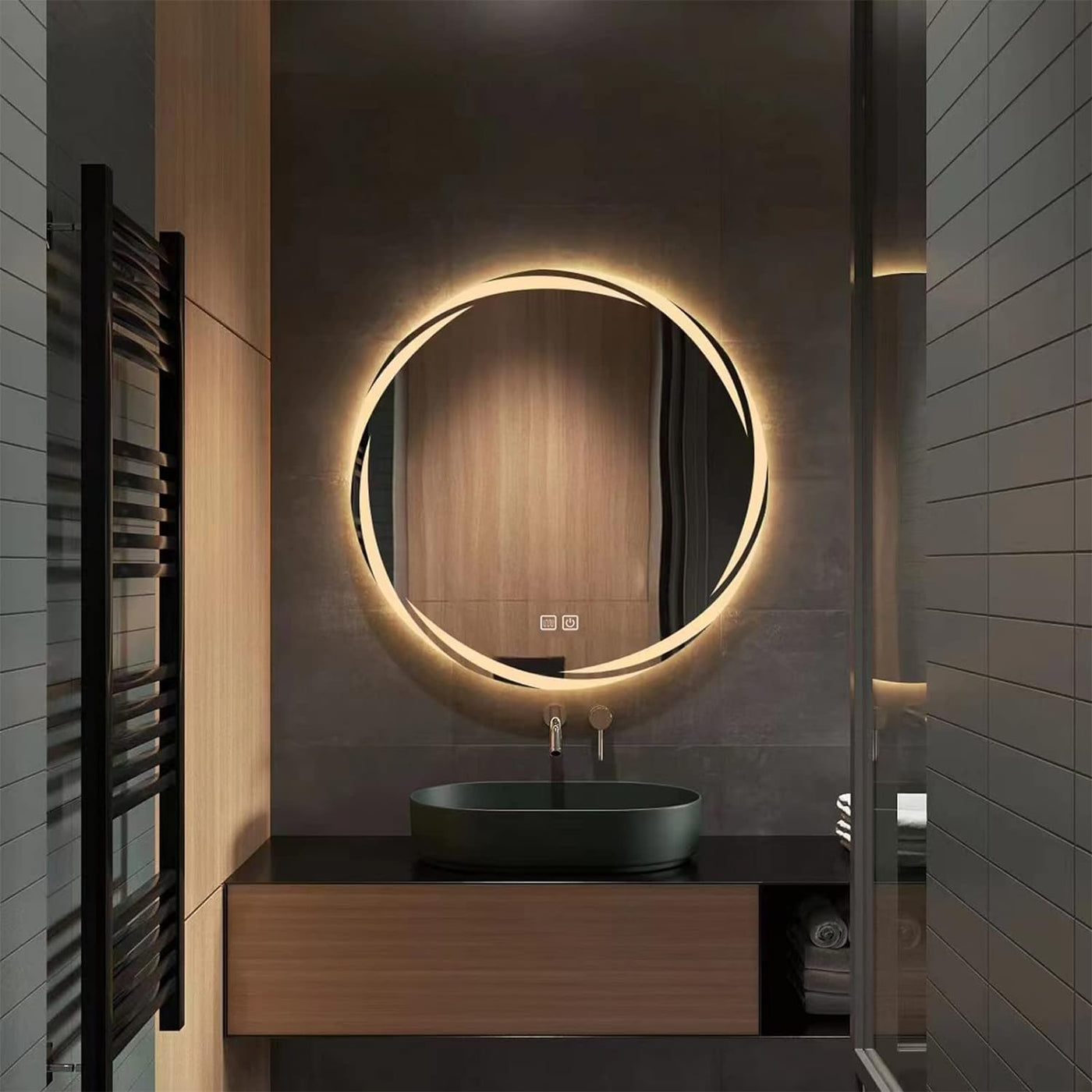 YOSHOOT 700mm Round LED Bathroom Mirror, Wall-Mounted, 3-Color Dimmable Anti-Fog