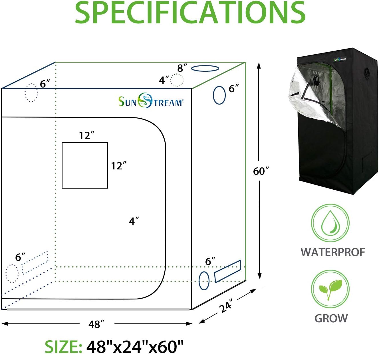 SunStream 48''x24''x60'' Hydroponic Grow Tent, Lightproof & Water-Resistant