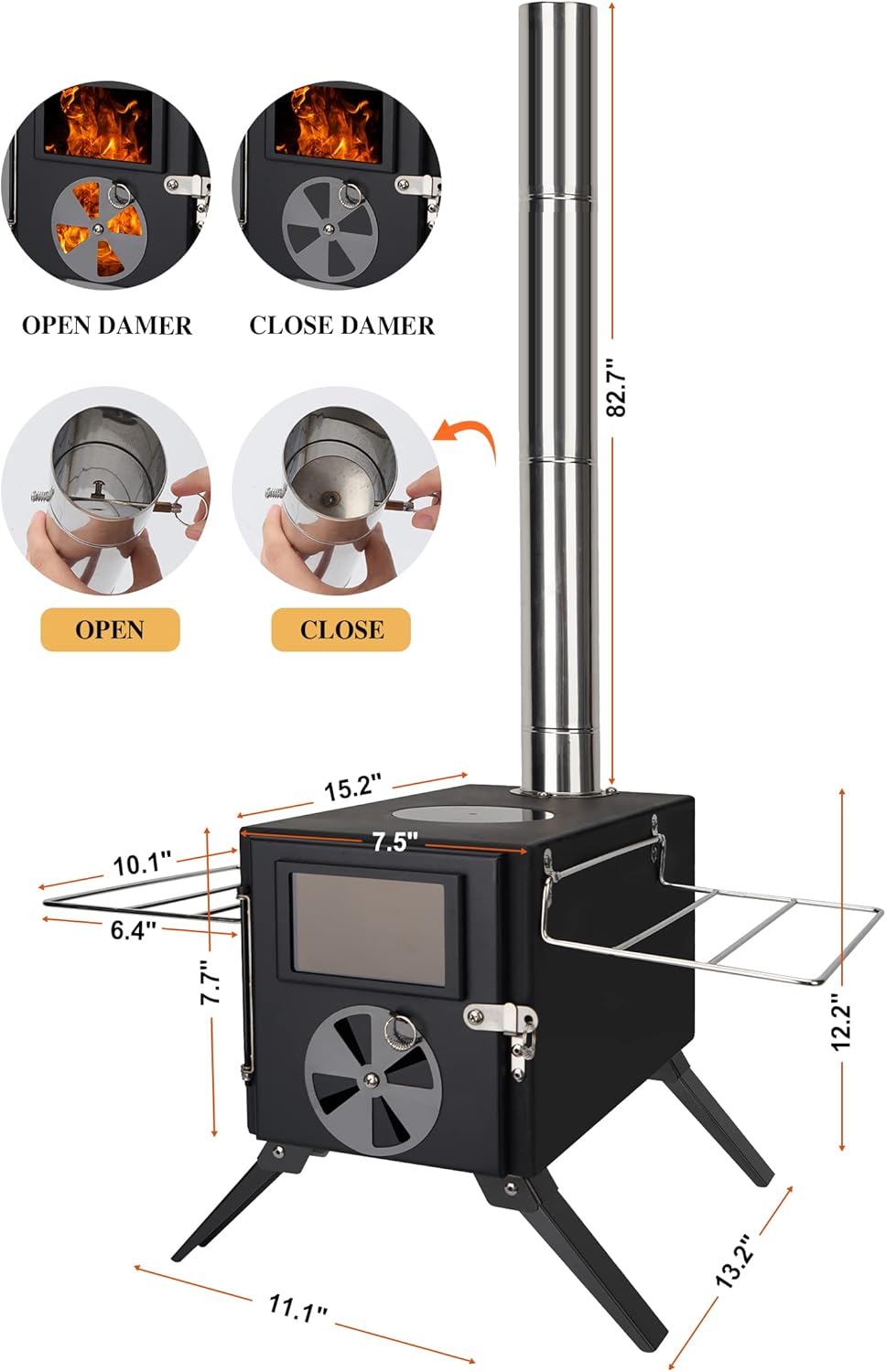 SOPPY Portable Tent Stove - Alloy Steel Wood Burning with Foldable Chimney