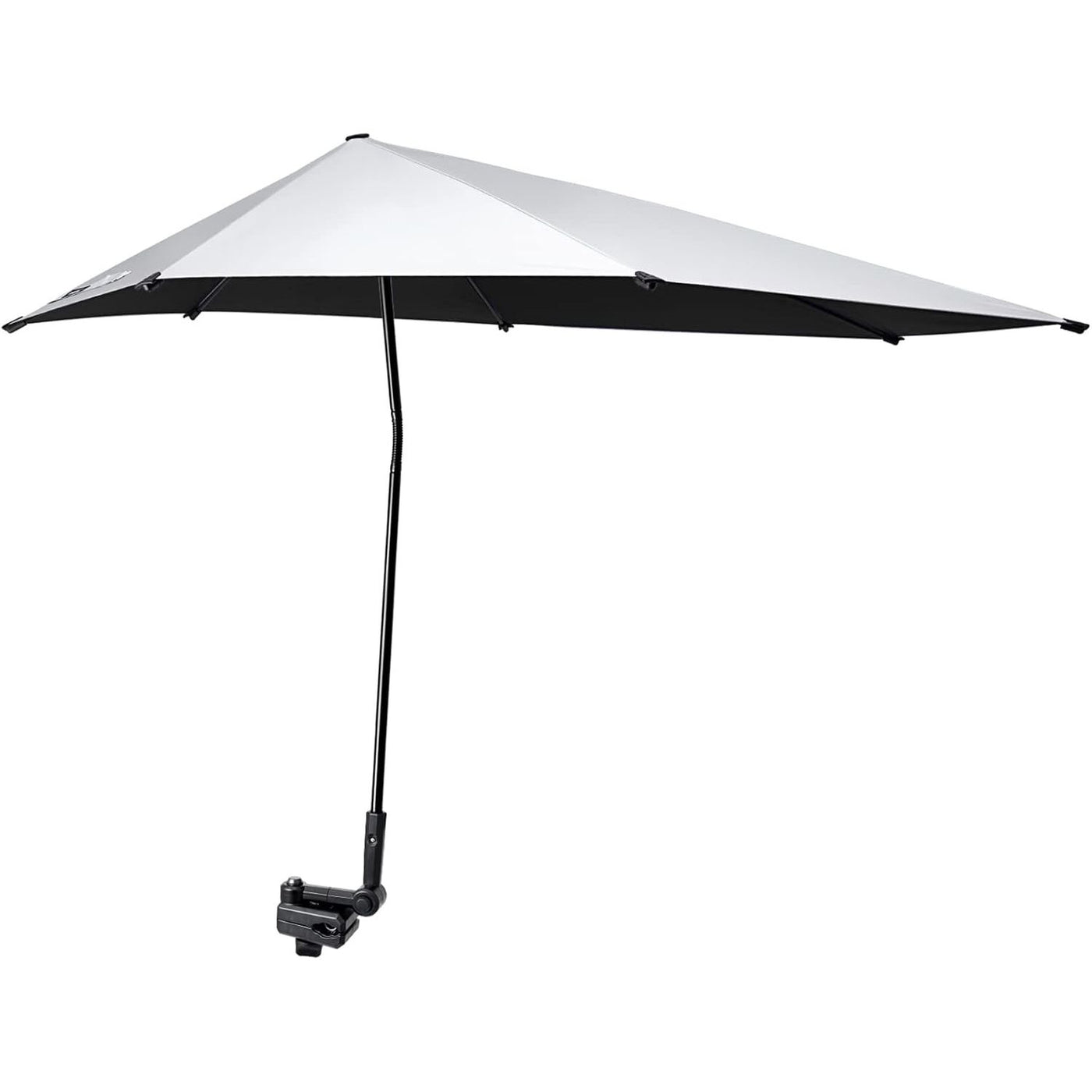 White patio umbrella with black stand on a white background