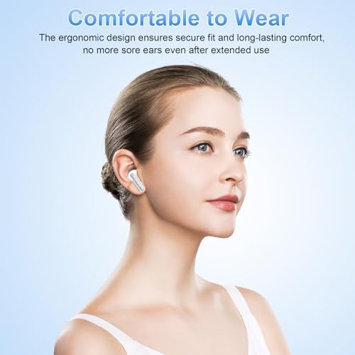 Woman wearing wireless earbuds with text about comfort and design on a light blue background
