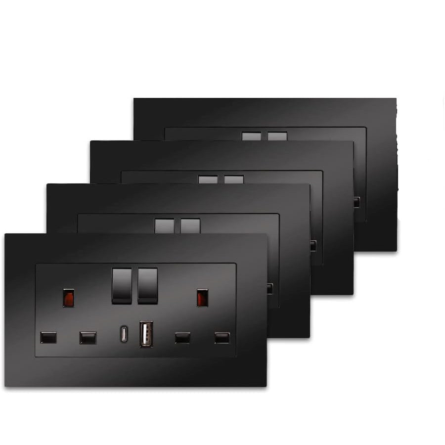 4-Pack Wall Socket 2-Gang with USB-A & Type-C Charging Crystal Glass