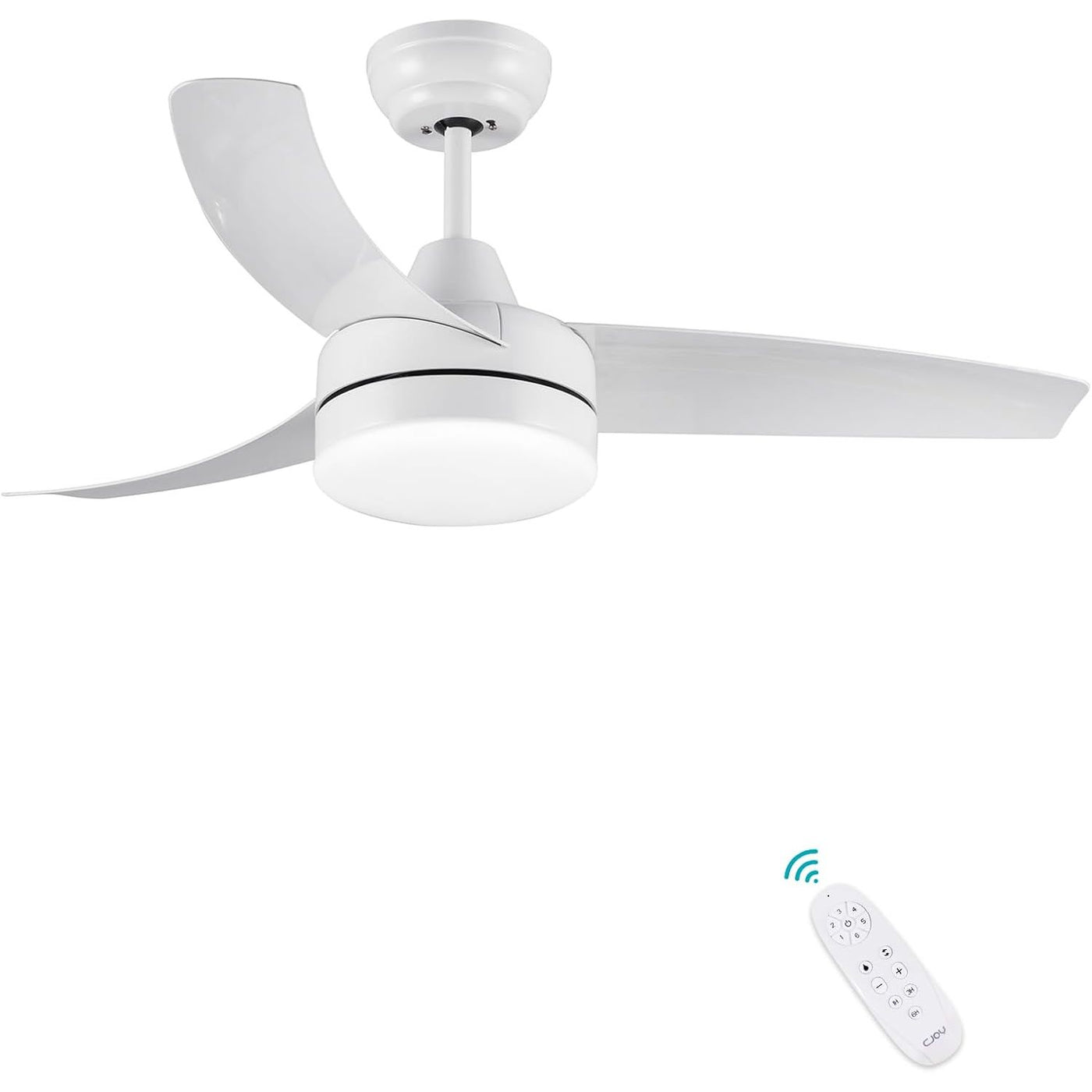 White ceiling fan with remote control on a white background
