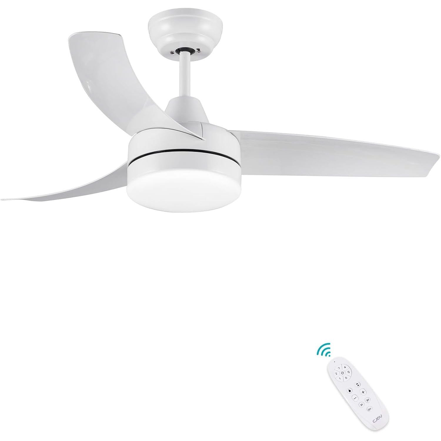 White ceiling fan with remote control on a white background