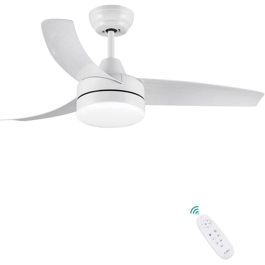 White ceiling fan with remote control on a white background