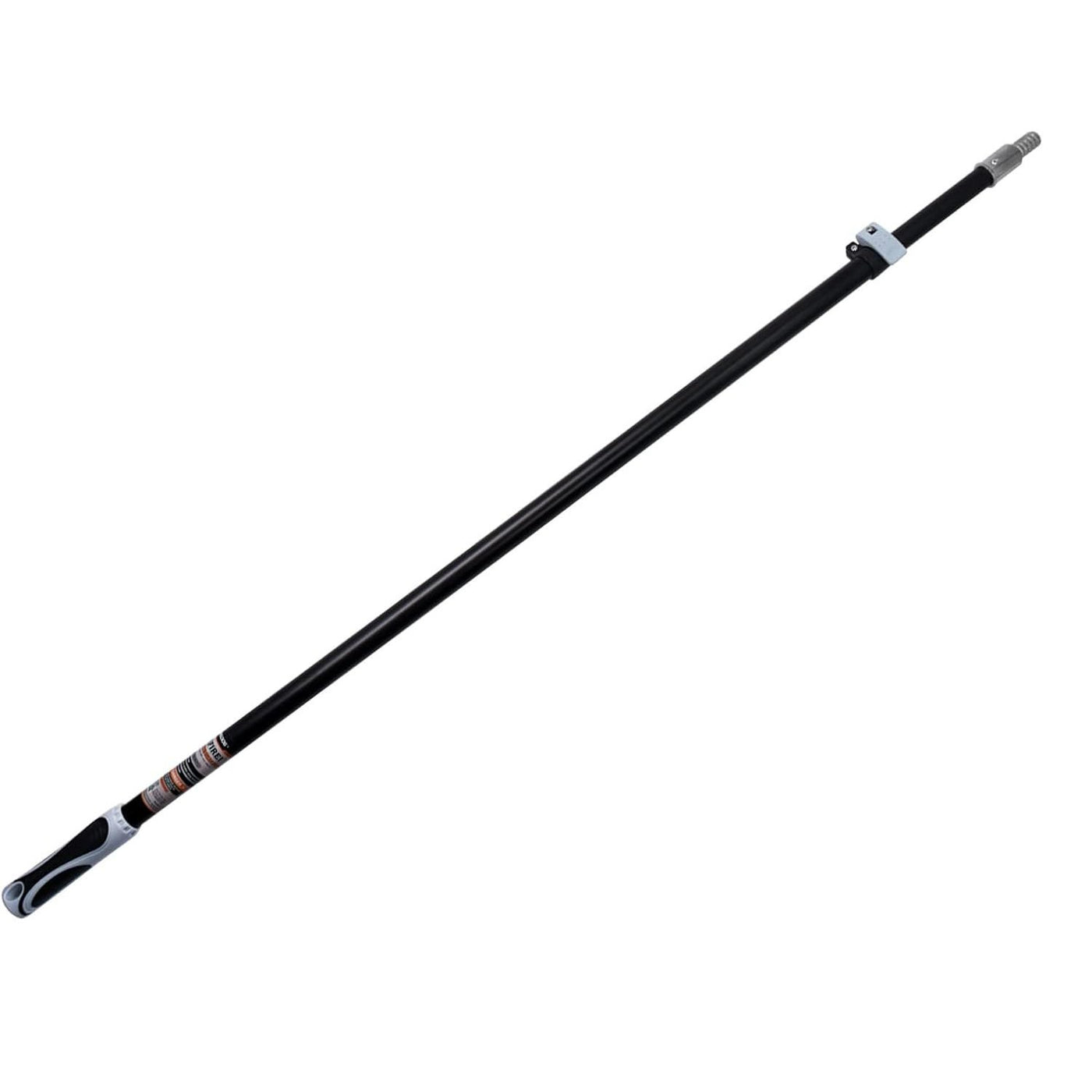 A long black metal pole or rod with a silver metal tip and a black-and-silver handle, shown diagonally on a plain white background.