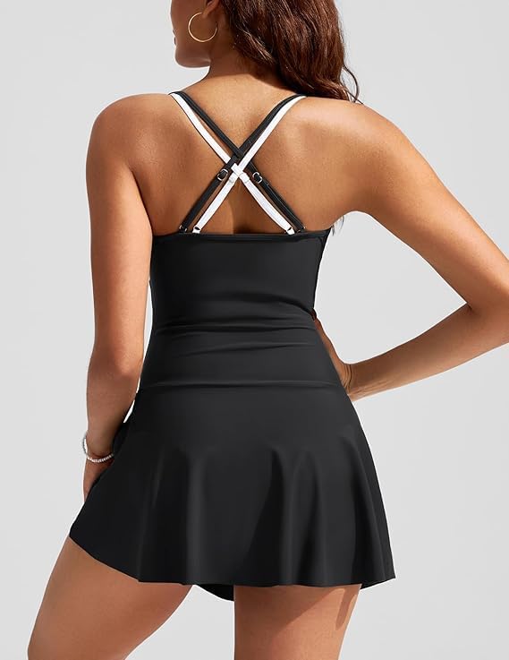 Kate Kasin Women Swimsuit One Piece U-Neck Cross Skirted Size L Black