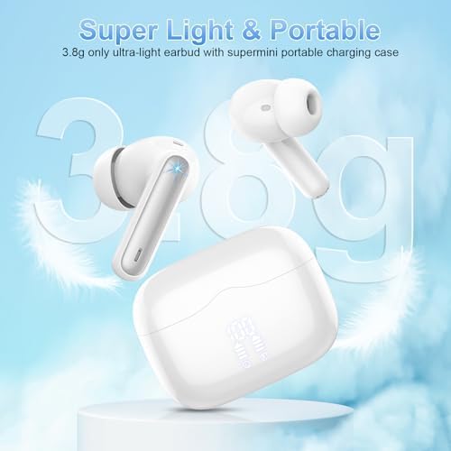 White wireless earbuds with charging case on a light blue background