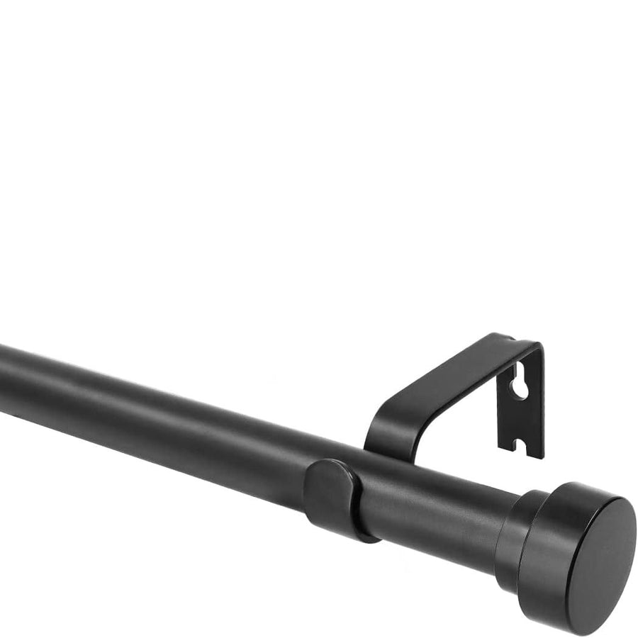 A close-up of a matte black curtain rod with a matching wall mount bracket, shown against a solid white background.