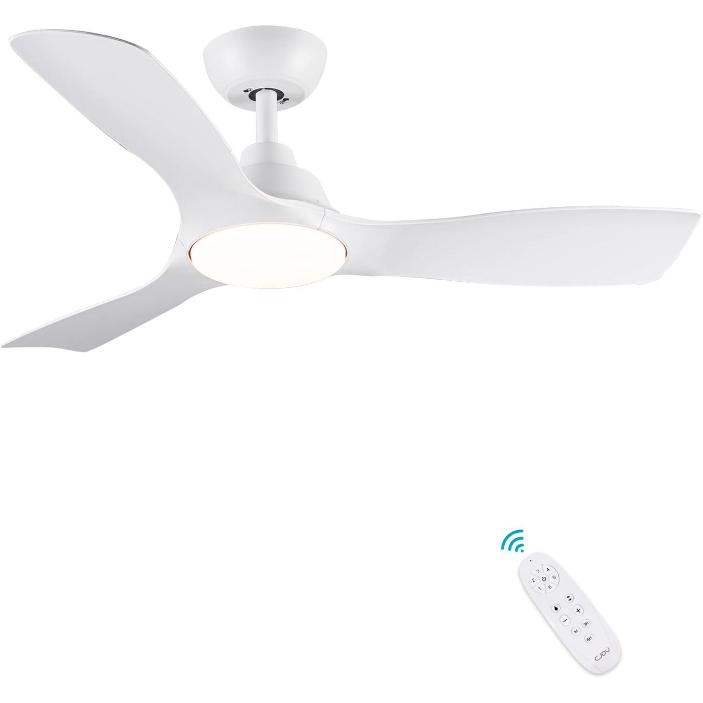 White ceiling fan with light and remote control on a white background