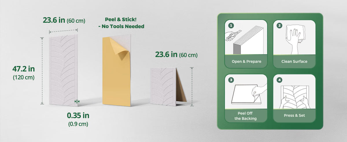 A product infographic showing a peel-and-stick wall panel kit with dimensions, a yellow peel-and-stick backing piece, and a green step-by-step instruction panel on a light gray background.