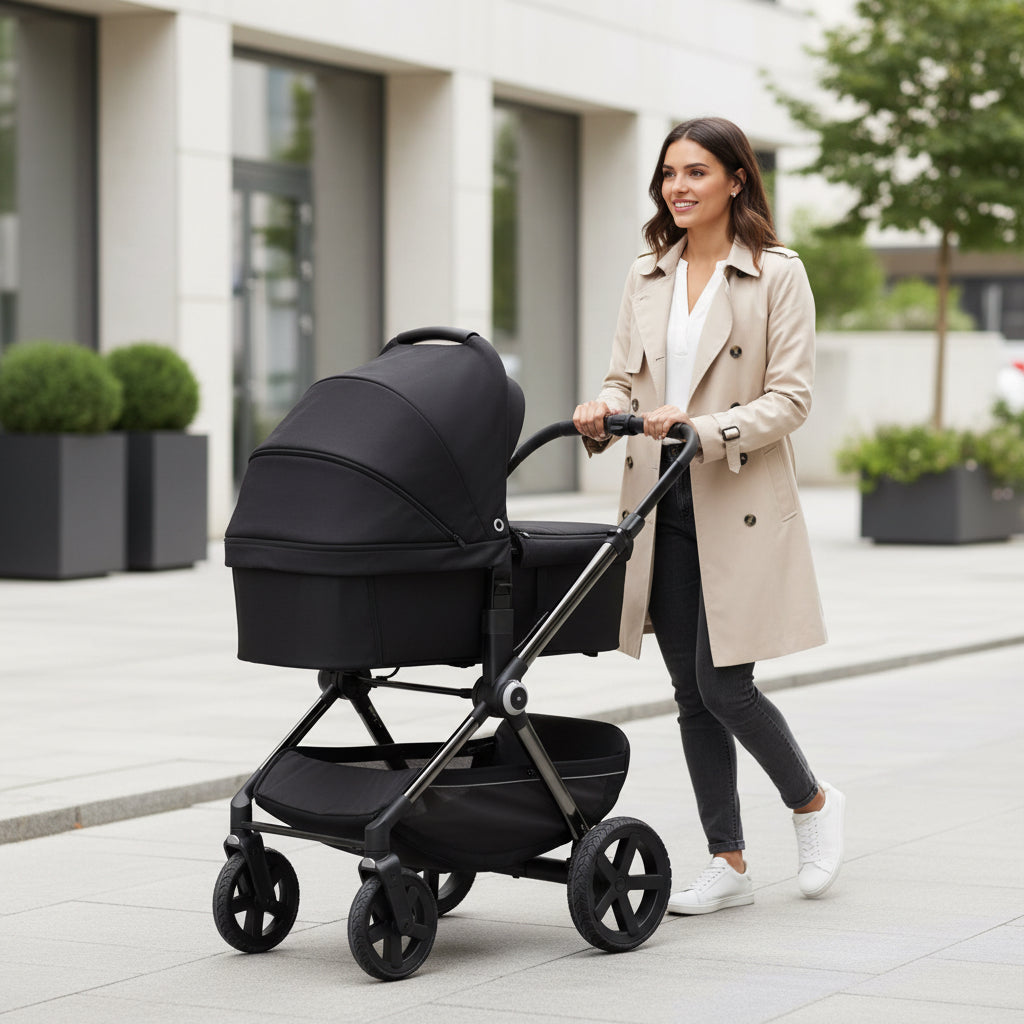 Woman pushing a black stroller outdoors on a sidewalk.