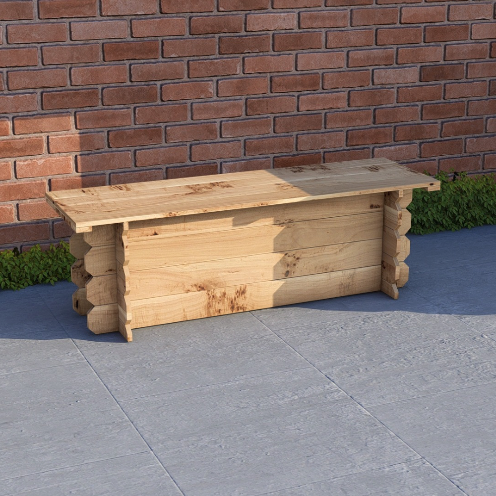 Wooden bench against a brick wall on a patio