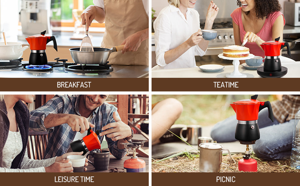 Stovetop Coffee Maker Italian Espresso Moka Pot Transparent Lid Red TWOMEOW