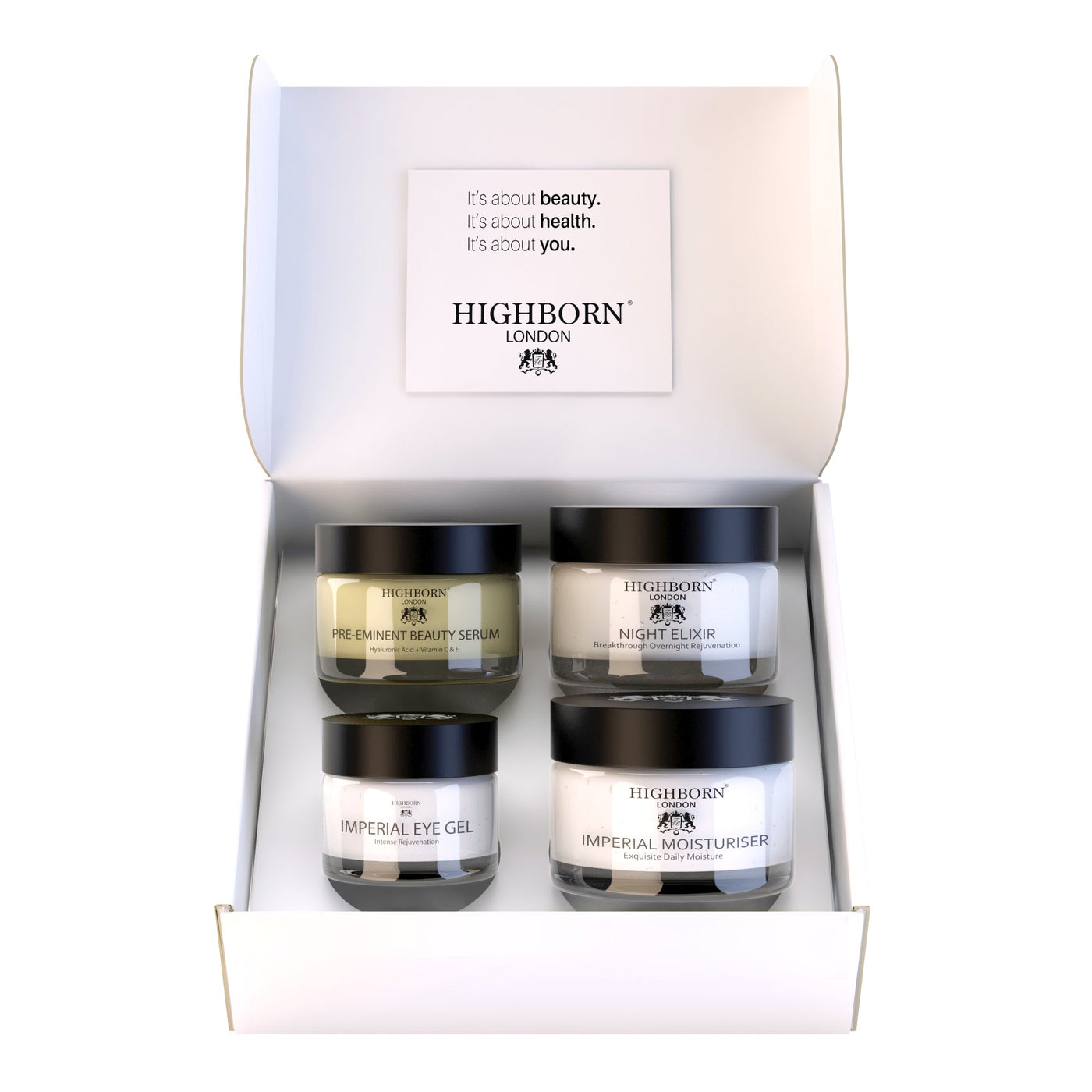 Set of Highborn skincare products in a box with visible branding.