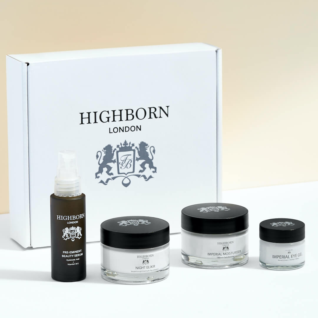 Highborn London skincare products including a bottle and jars on a beige background