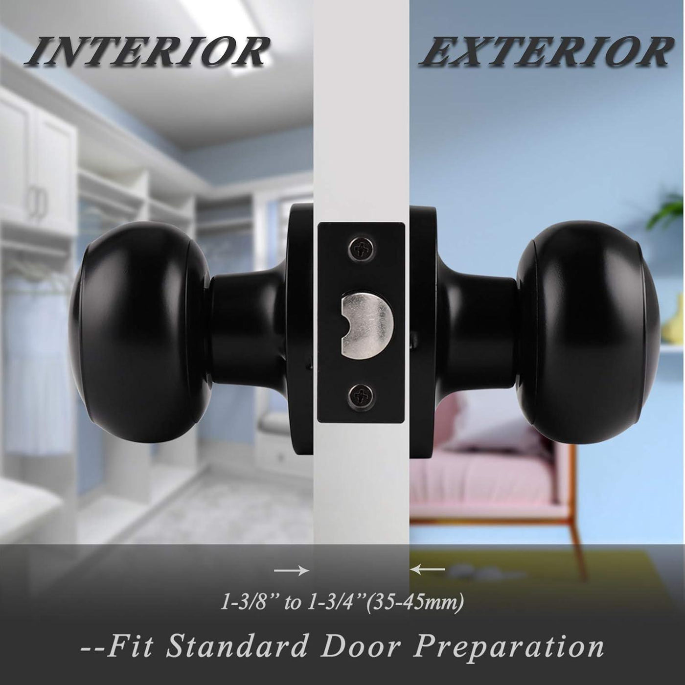 Probrico Black Door Knob Sets with Latch | 2 Pack Round Interior Passage Handles