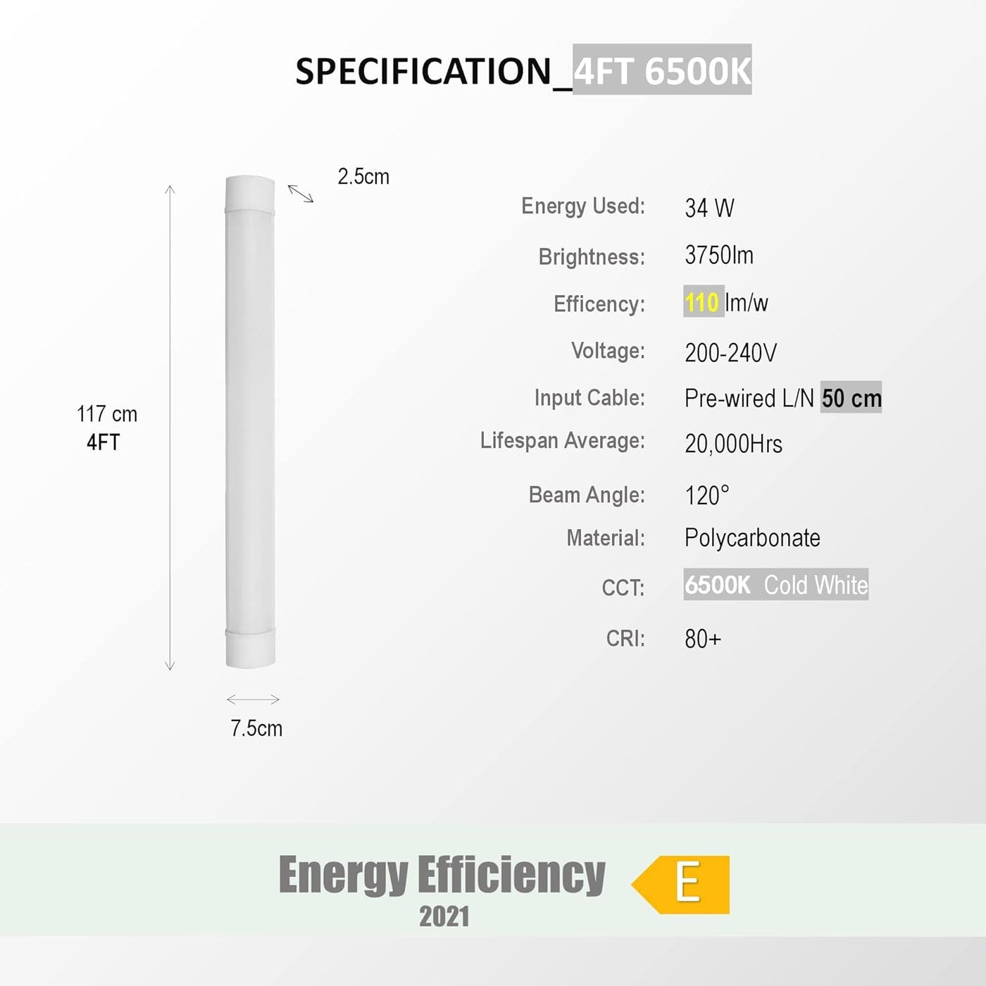 Sundertech 4FT LED Light Batten, 3750lm 6500K Cold White, Wall/Ceiling Mount