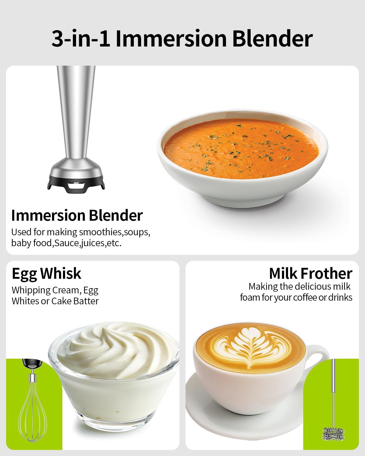 Shardor Hand Blender 3 in 1 1200W 20 Speed Turbo Stick with Whisk Dough Hooks