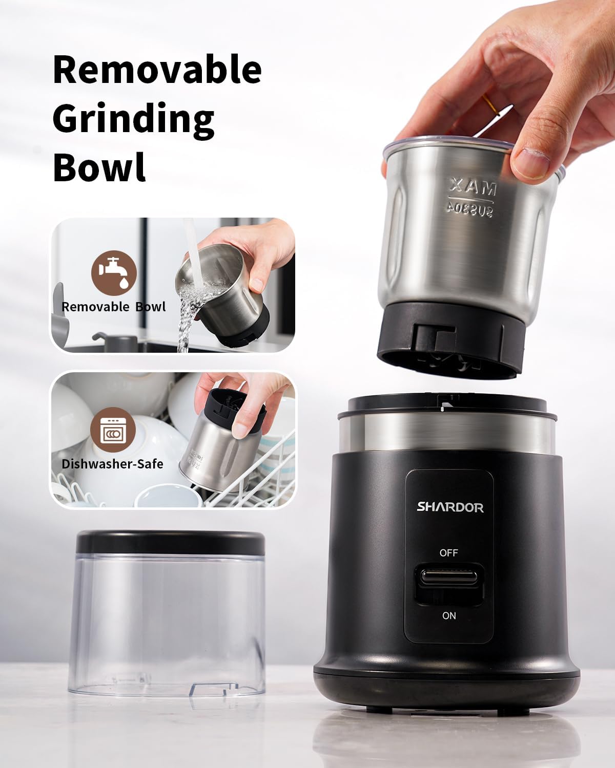 Shardor coffee grinder with removable grinding bowl on a white background