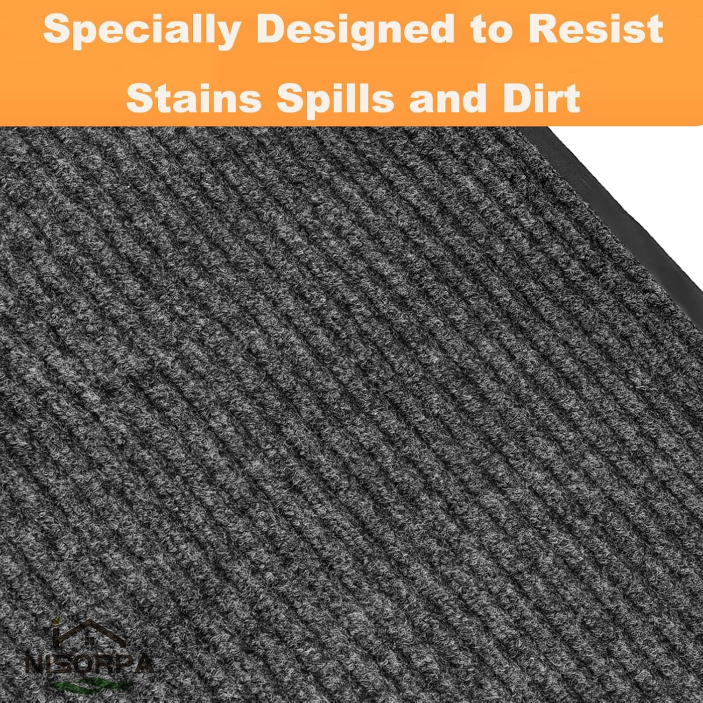 Textured gray mat with an orange banner above it, featuring text about stain resistance.
