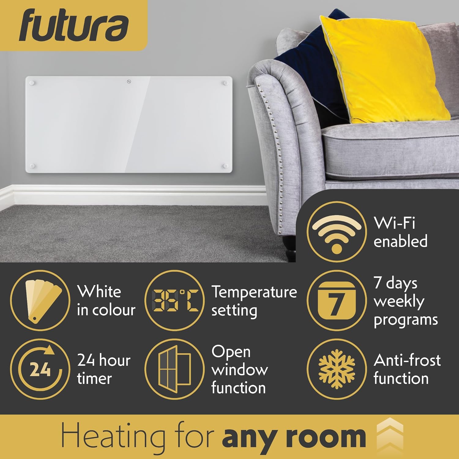 2000W White Glass WIFI Smart Electric Radiator Heater with Thermostat Futura