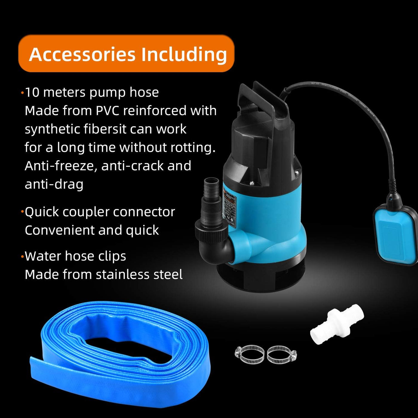 KATSU 400W Submersible Water Pump 10m Hose, 1.1/4'' Quick Coupler Connector