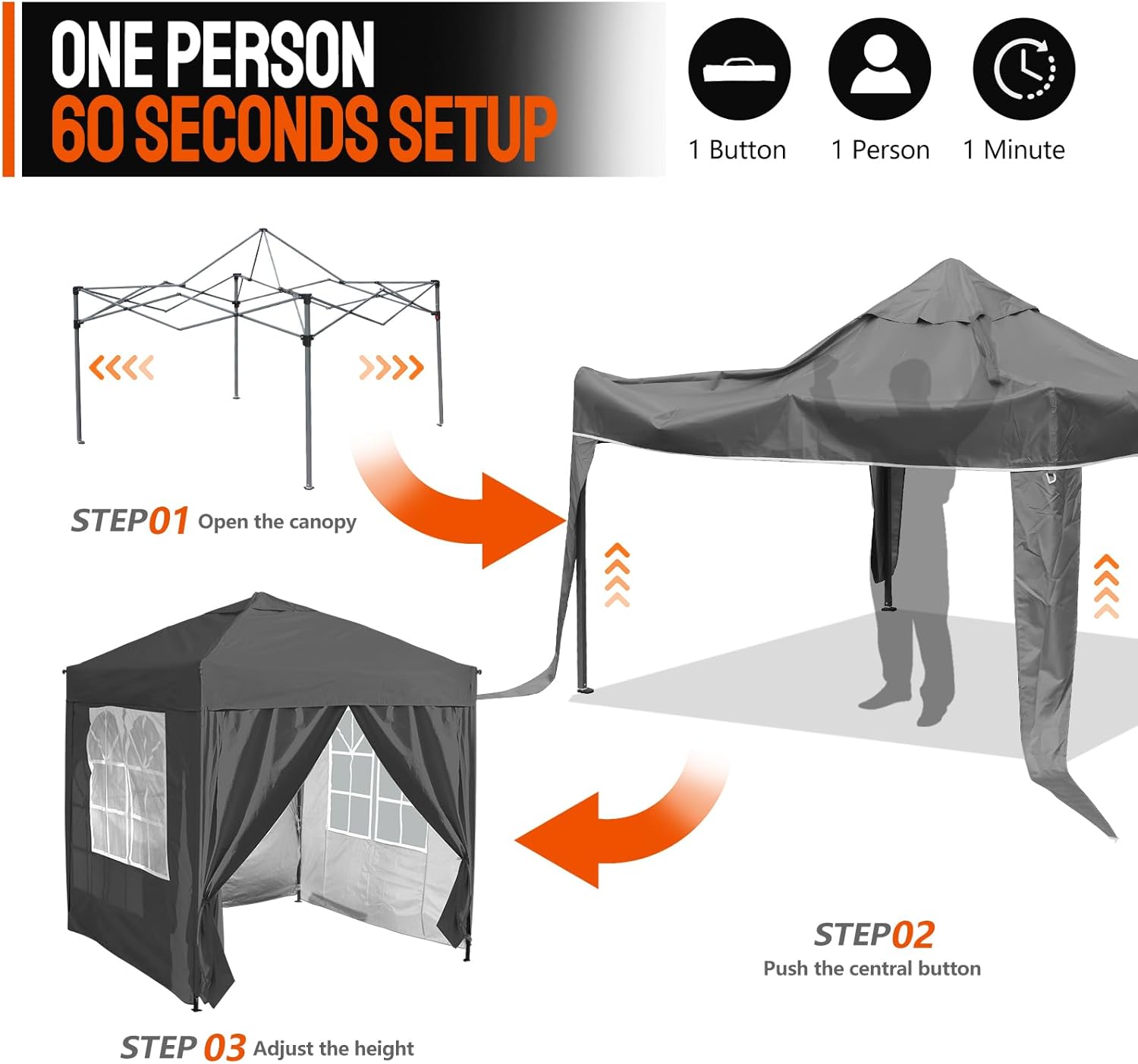 Step-by-step guide on setting up a pop-up canopy with arrows and text indicating setup process.