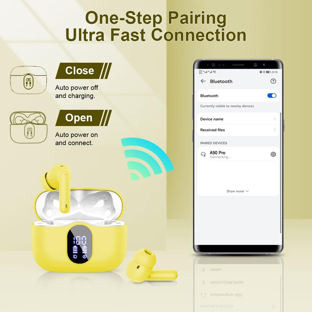 Yellow wireless earbuds with charging case and smartphone showing Bluetooth connection on a beige background