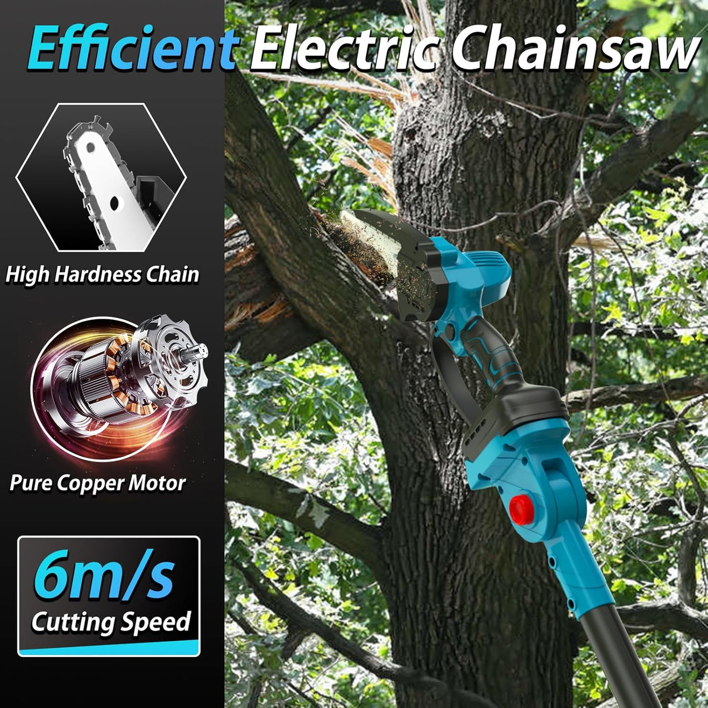 Electric chainsaw cutting a tree with specifications highlighted on the left.
