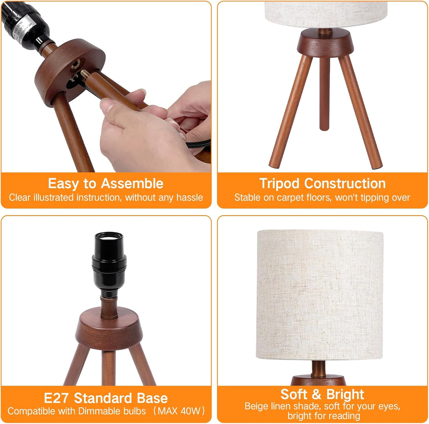 OUTON Wooden Tripod Table Lamps Set of 2, Dimmable, Linen Shade, Bulbs Included