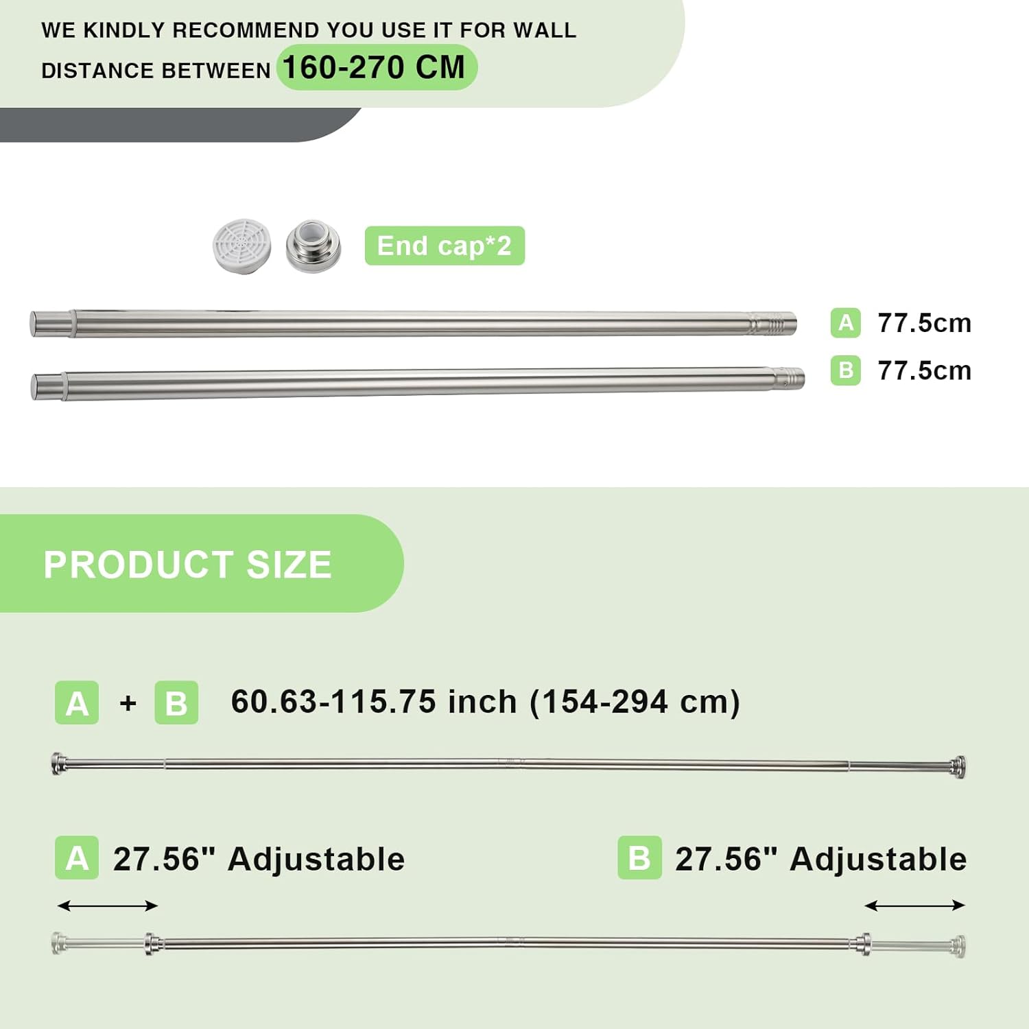 Stainless Steel Shower Curtain Rod 160–270cm Extendable No Drill Tension Pole