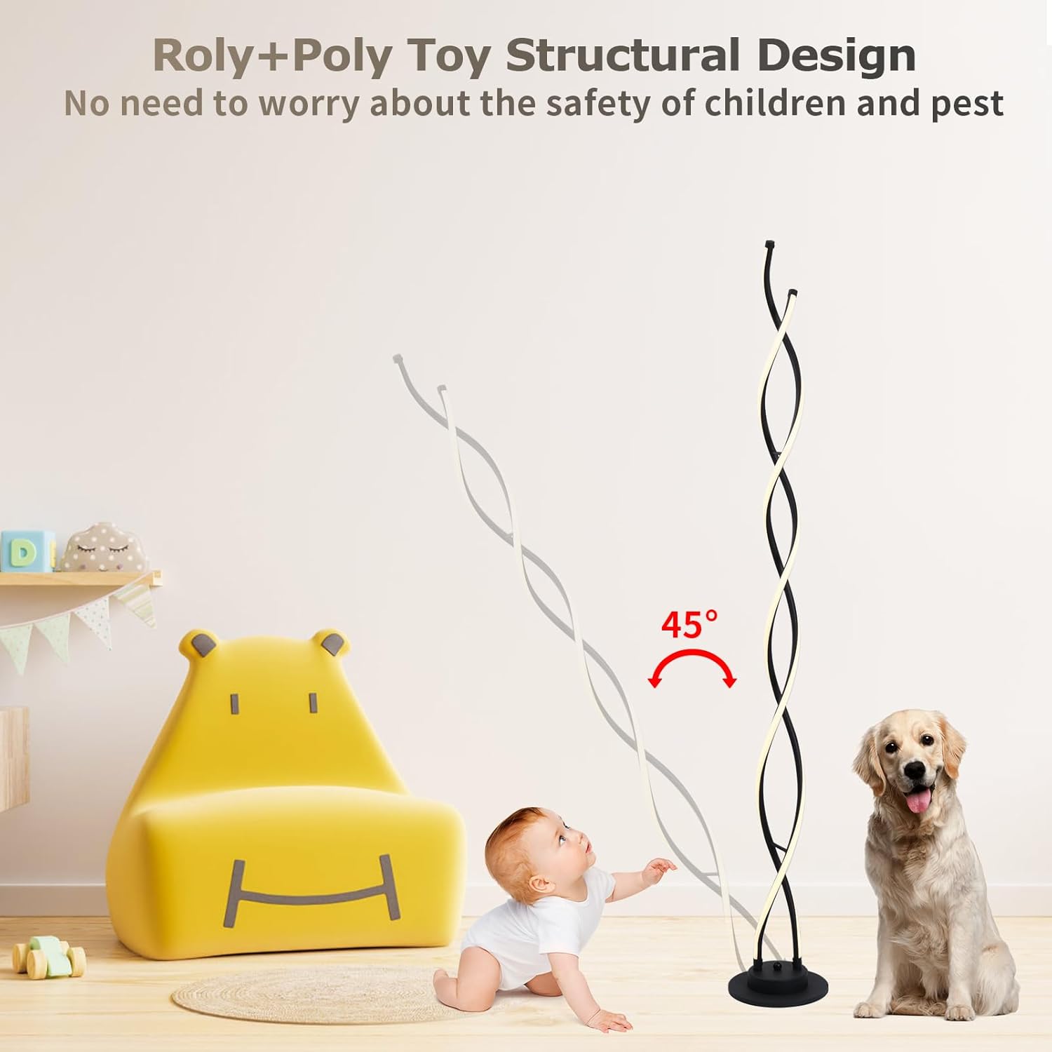 Roly+Poly toy with a baby and dog in a room, highlighting safety features.
