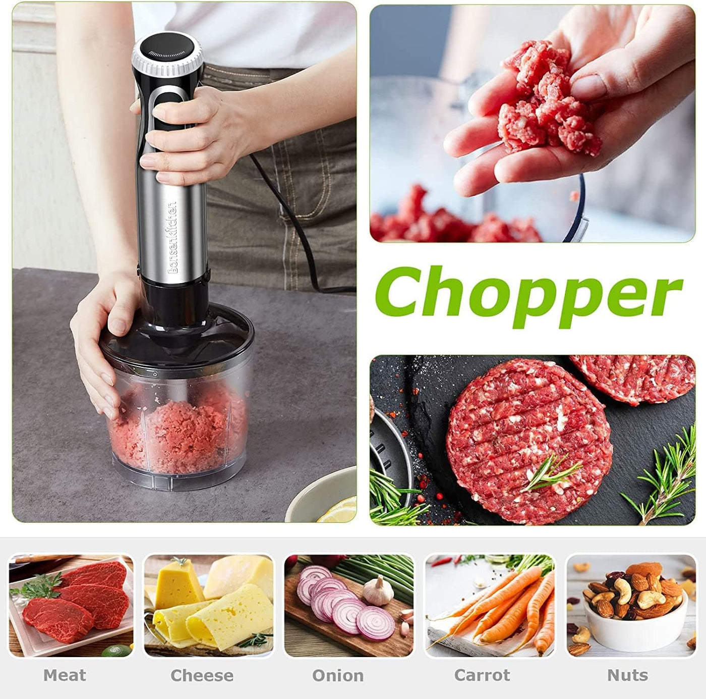 Bonsenkitchen 1000W Hand Blender, 4-in-1 Stick Mixer with Whisk, Chopper & Cup