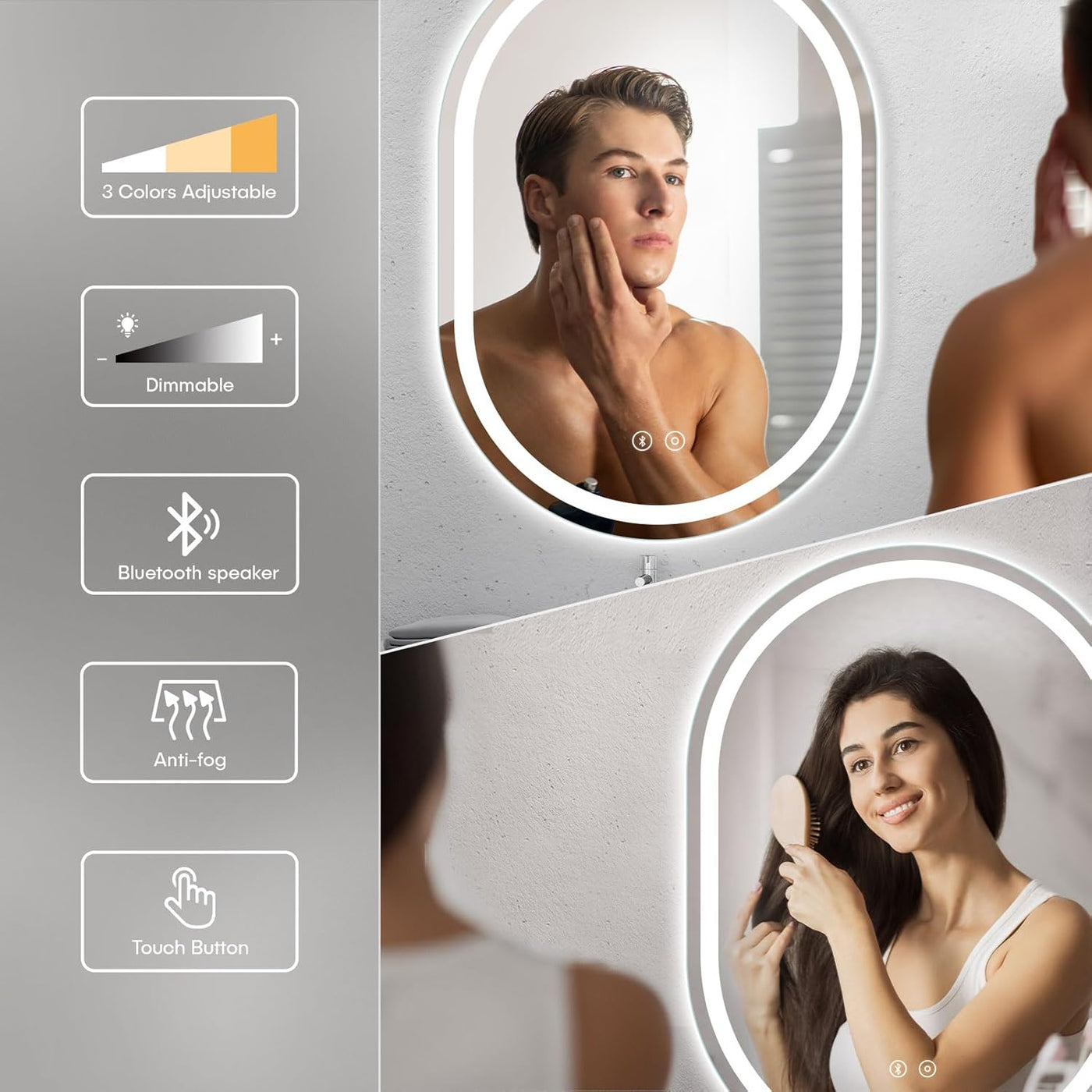 Bluetooth LED Bathroom Mirror Oval Backlit Dimmable Anti-fog 50 x 70 cm Dripex