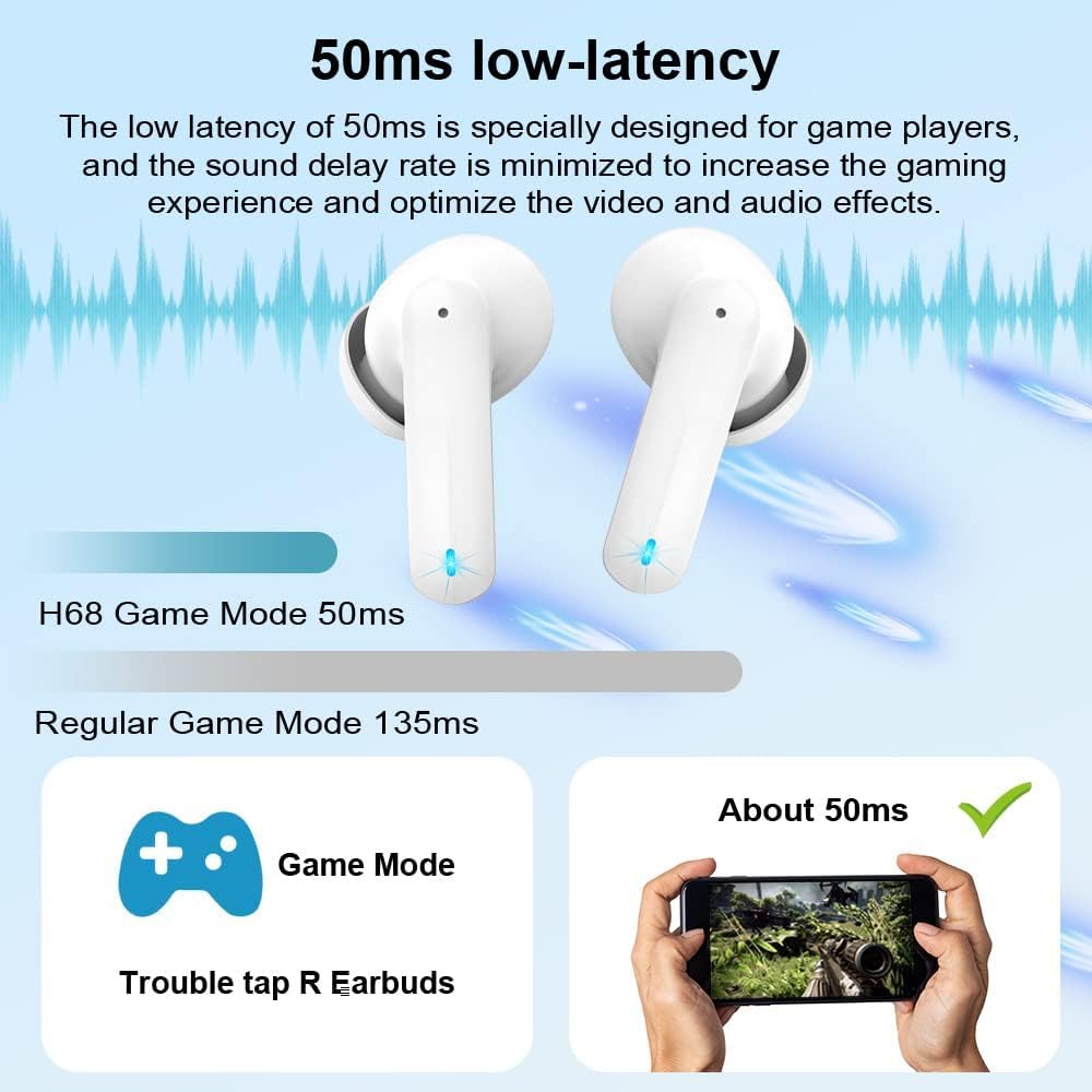 White wireless earbuds with text about 50ms low-latency gaming mode on a blue background.