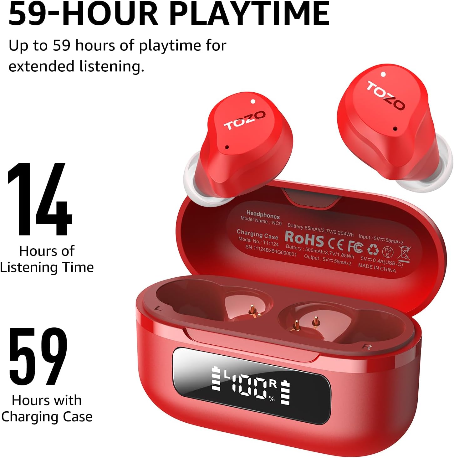 Red wireless earbuds with charging case on a white background, displaying playtime information.