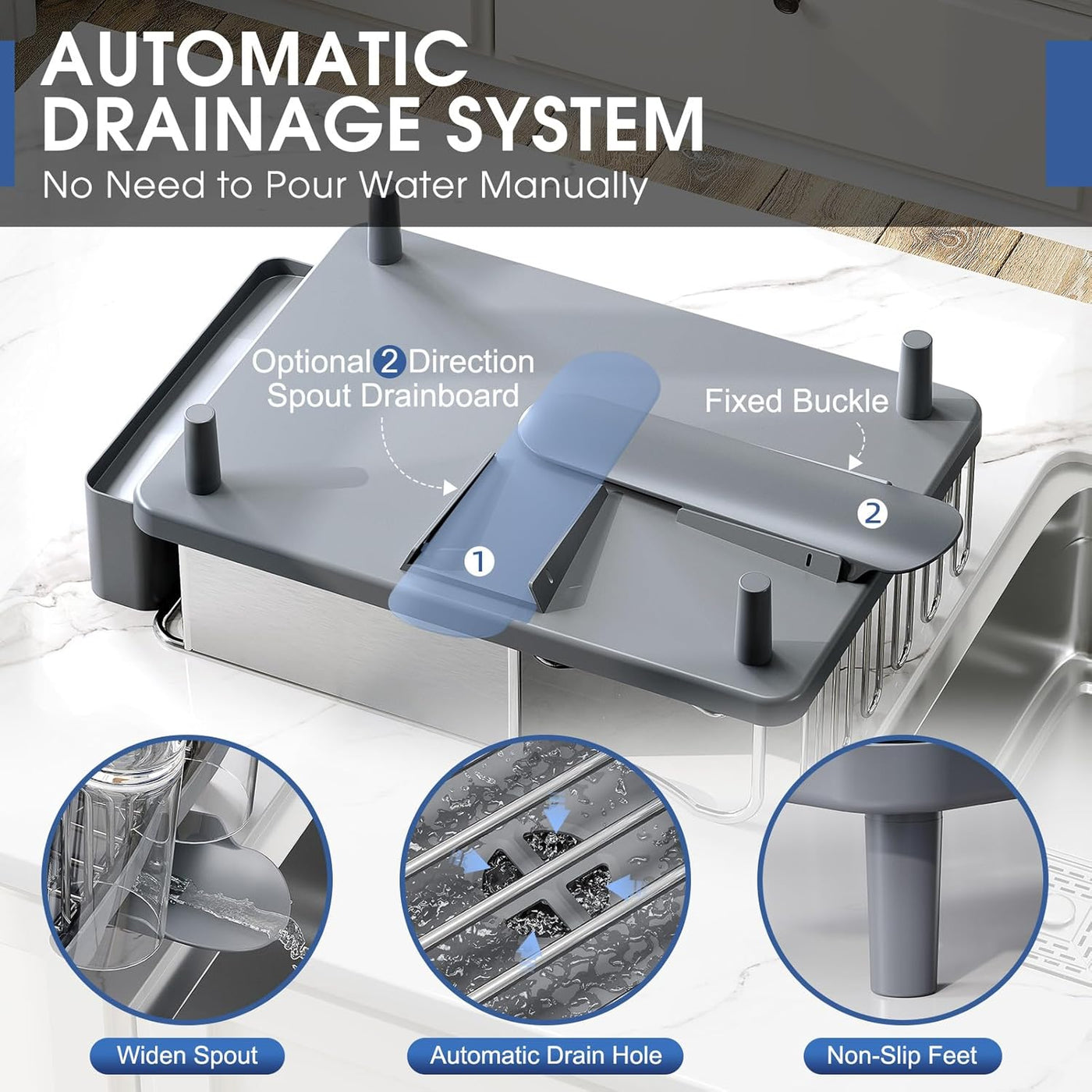 Dish drying rack with automatic drainage system features and benefits.