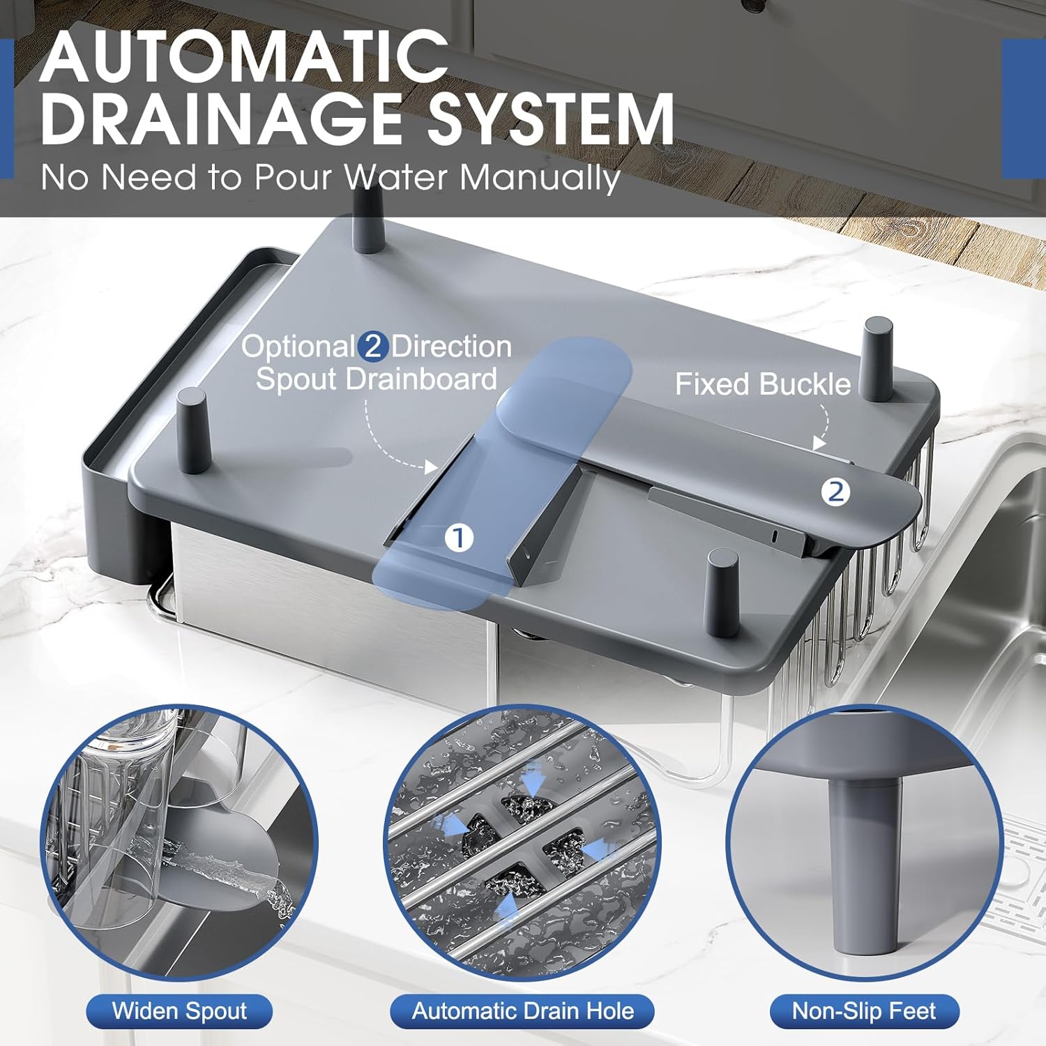 Dish drying rack with automatic drainage system features and benefits.