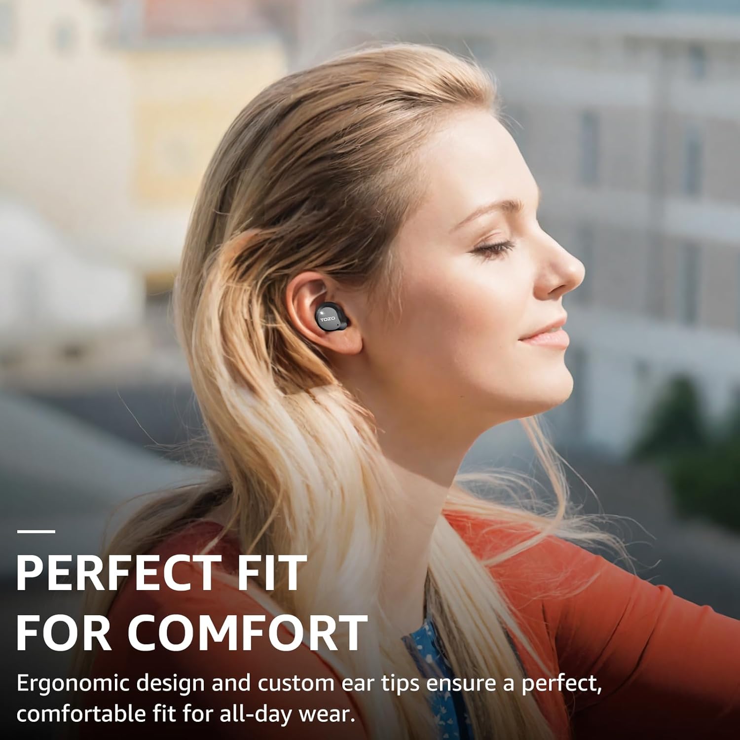 Woman wearing a wireless earbud with text about comfort and design.