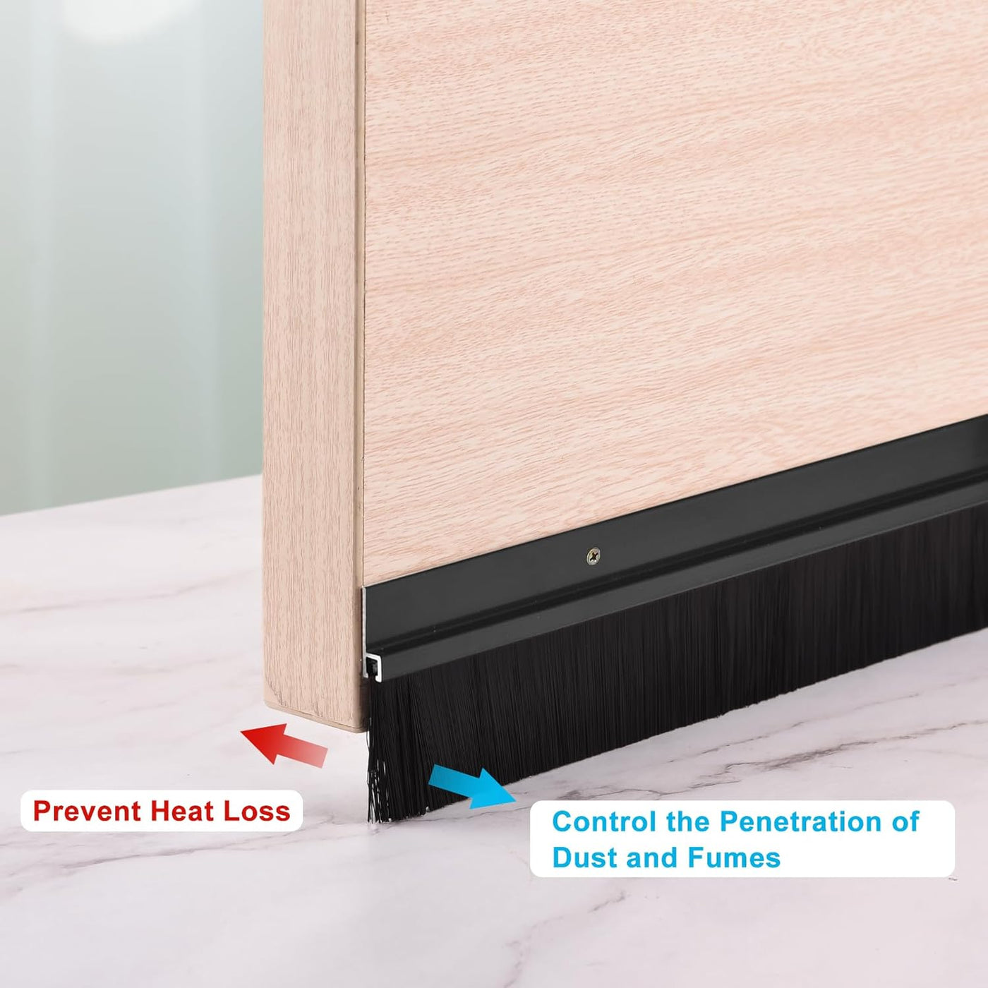 Door sealing strip with text indicating its functions on a door frame.