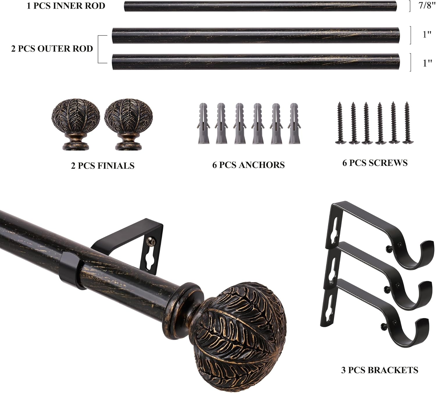 Extendable Black Curtain Pole 77-210cm, 1'' Dia, Diamond Ball Finials, 30-84 inch